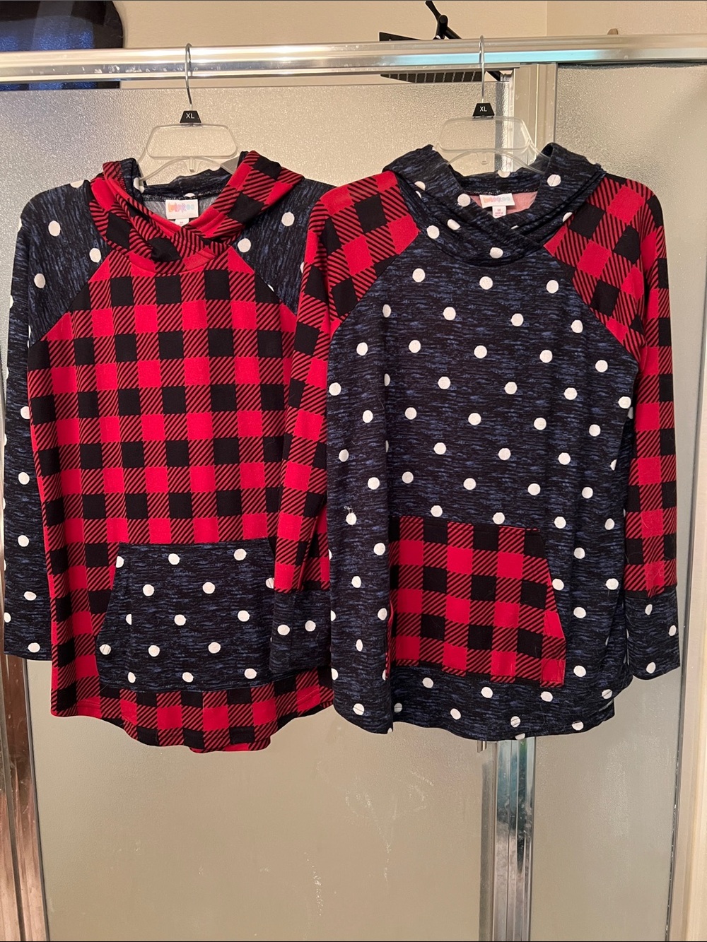 LuLaRoe Amber Red and Black Buffalo Plaid with Navy Polka Dot Hoodie Sweatshirt
